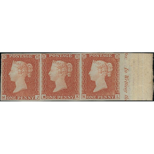 301 - 1841 1d Pale red-brown, plate 92 MJ-ML strip of three with part inscription in right sheet margin, f... 