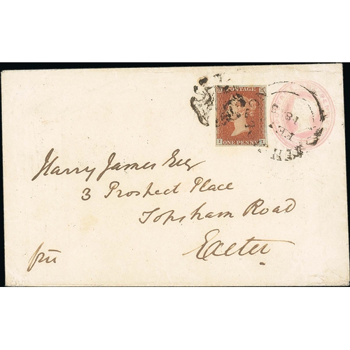 311 - 1843 (Feb 13) 1d Pink envelope bearing a four margin 1d red-brown (plate 229) used from South Molton... 