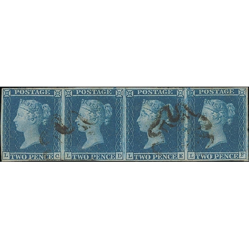 335 - 1841 2d Blue, LC-LF strip of four, plate 3 state 1, close to good margins, used with two Maltese Cro... 