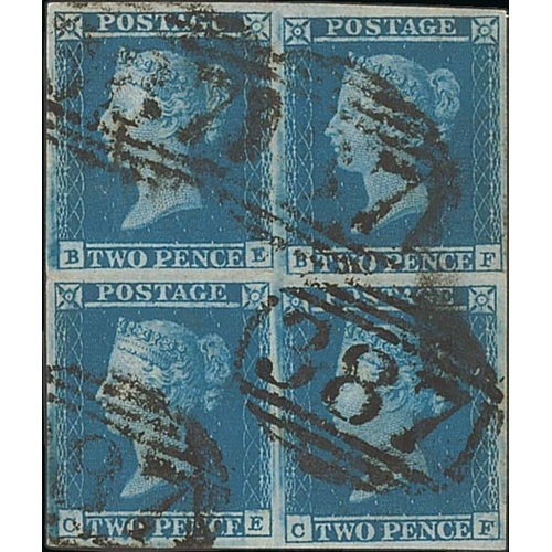 336 - 1841 2d Blue, BE-CF block of four with good margins each cancelled 