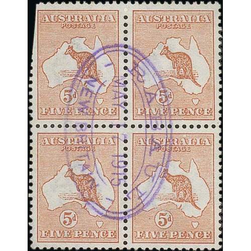 1249 - 1915 Australia ½d pair (S.G. 1) on piece, and 5d block of four (S.G. 8, upper left stamp with p... 