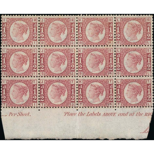 350 - 1870 ½d Rose-red plate 13, RI-TL marginal block of twelve, inscription in lower sheet margin, s... 