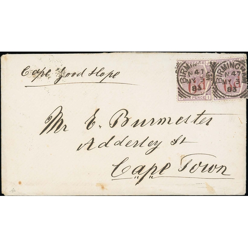 393 - 1883 (May 3) Cover from Birmingham to Cape Town bearing two 6d on 6d singles each with a central squ... 