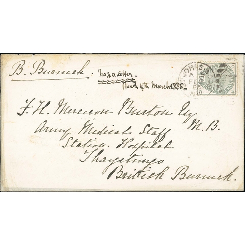 407 - Burma. 1885 (Feb 6) Cover from London to Thayetmyo, Burma, bearing 1884 5d green tied by St. Johns W... 