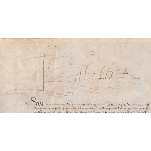 1586 - ROYALTY ELIZABETH I Parchment Warrant with signature of HM Queen Elizabeth I in 1591.
The document i... 