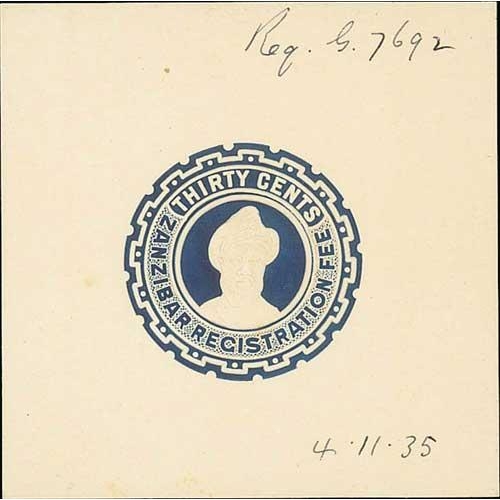 1647 - 1935 30c Registration envelope stamp die proof in blue, printed and embossed on card, endorsed 