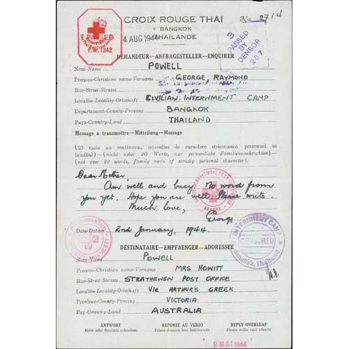 217 - 1944 (Jan 2) Thai Red Cross message form from George Powell in the Civilian Internment Camp, Bangkok... 