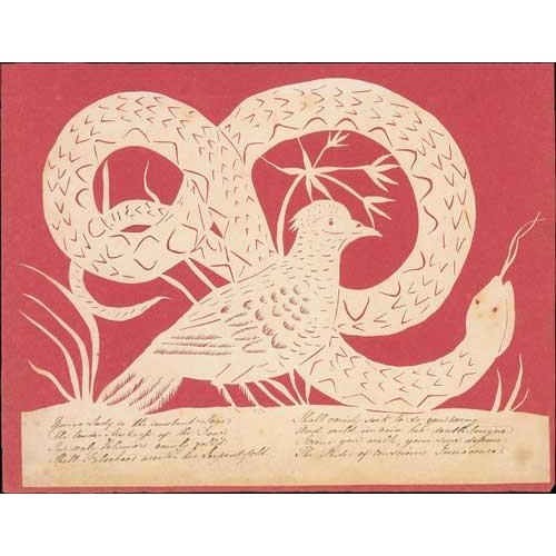 54 - c.1820 Valentines cut from white paper and mounted on a red background in the shape of a butterfly o... 