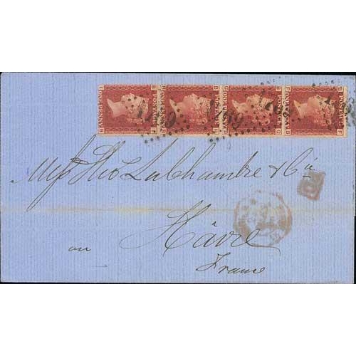 547 - Le Havre. 1868 Entire to Le Havre bearing 1d red plate 71 vertical strip of four each cancelled by l... 