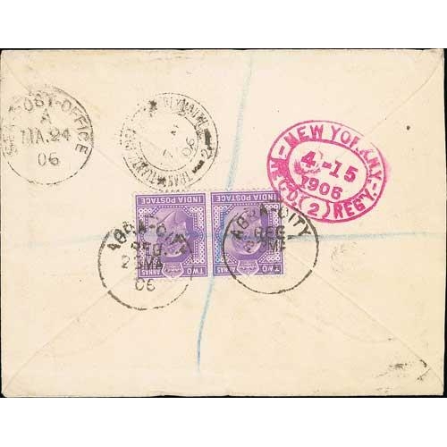 563 - 1906 (Mar 25) Registered cover from India to USA, KEVII ½a + 2a on the front and 2a pair on rev... 