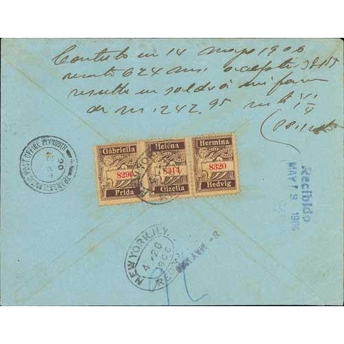 565 - 1906 (Apr 18) Registered cover from Budapest to Cuba bearing 2f + 12f block of four, three labels on... 