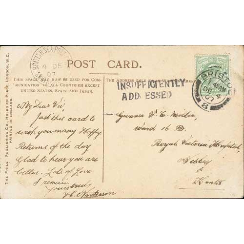 578 - 1907 (Dec 4) Picture postcard from Bristol to Hampshire franked ½d, with British Sea Post Offic... 