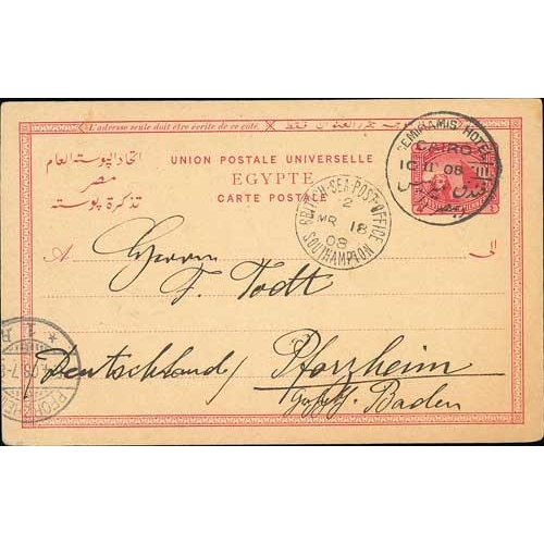 580 - 1908 (Mar 10) Egypt 4m postcard with Semiramis Hotel Cairo cancel, addressed to Germany, missent to ... 