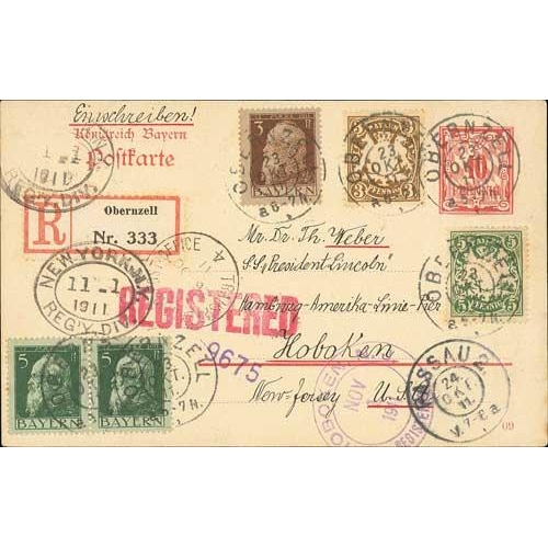 589 - 1911-13 Registered covers (3) and a postcard from Europe to the USA all with Transatlantic P.O trans... 