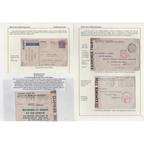 190 - 1943-45 Stampless covers (3) and a 3d P.O.W postcard from G.B, one cover returned with a 