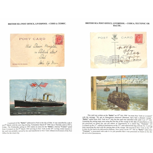 572 - 1905-06 Picture postcards franked KEVII 1d to USA (2) or G.B (3) cancelled by the Sea Post c.d.s cod... 
