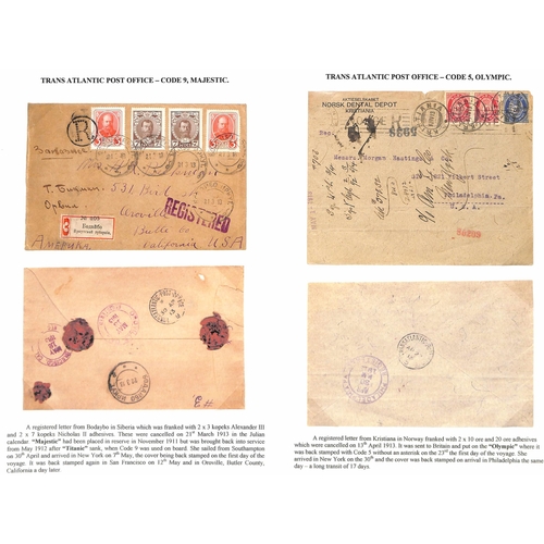 589 - 1911-13 Registered covers (3) and a postcard from Europe to the USA all with Transatlantic P.O trans... 