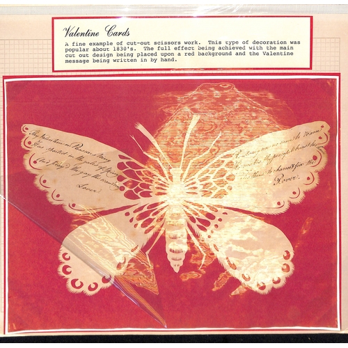 54 - c.1820 Valentines cut from white paper and mounted on a red background in the shape of a butterfly o... 