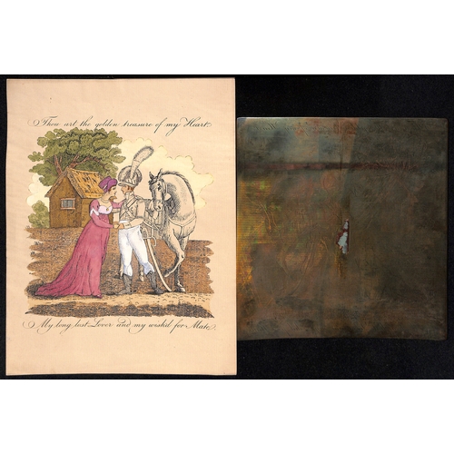 57 - c.1820 Engraved copper printing plates for valentine lettersheets depicting a parting lady and soldi... 