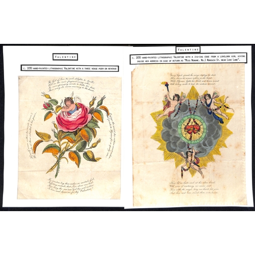 58 - c.1820-30 Valentine lettersheets with printed hand coloured pictures and verses, depicting young lad... 