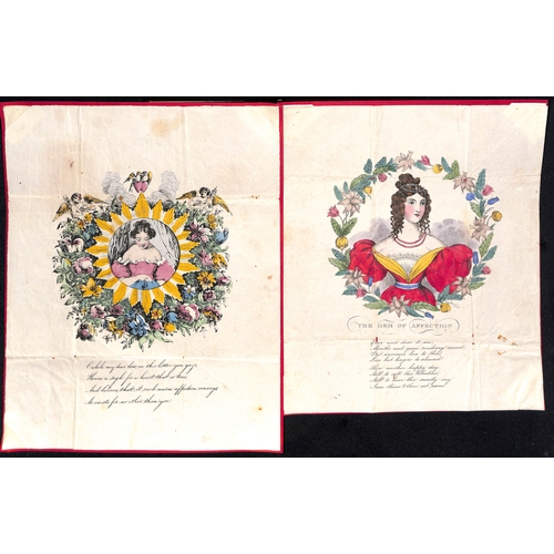 58 - c.1820-30 Valentine lettersheets with printed hand coloured pictures and verses, depicting young lad... 