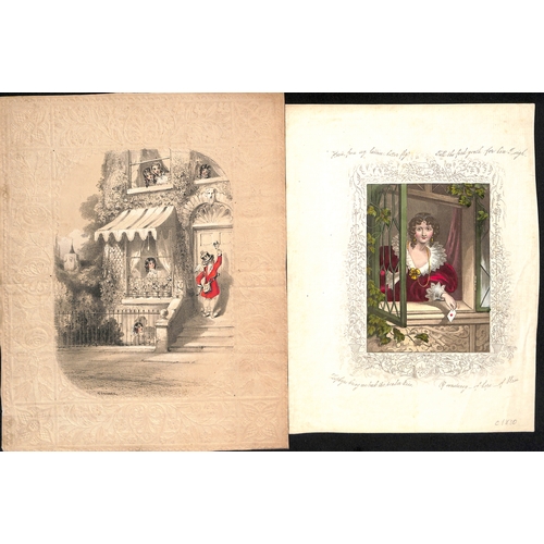58 - c.1820-30 Valentine lettersheets with printed hand coloured pictures and verses, depicting young lad... 