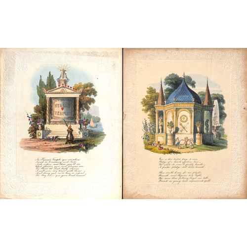 58 - c.1820-30 Valentine lettersheets with printed hand coloured pictures and verses, depicting young lad... 