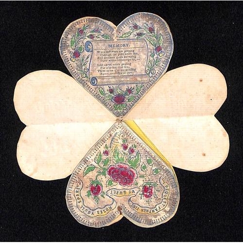 53 - c.1820 Printed handcoloured heart shaped cards with flowers and verses, opening out into a 