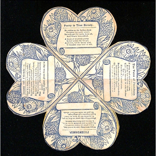 53 - c.1820 Printed handcoloured heart shaped cards with flowers and verses, opening out into a 