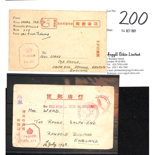 200 - Malaya / Thailand. 1942-43 Cards from Private M.O Ward, the first card from Singapore with violet 