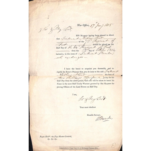 43 - Military / Naval. 1804-53 Letters, documents, etc, including 1805 Half Pay document signed by H. Dun... 