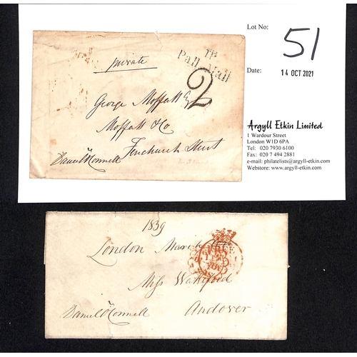 51 - Daniel O'Connell. 1839 Free entire from London to Miss Wakefield in Andover and a cover posted withi... 