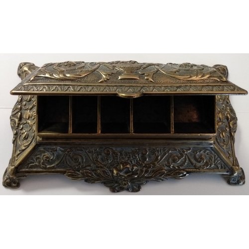 5 - Brass. A large and heavy brass desk stamp box, lifting lid revealing five stamp compartments, ornate... 