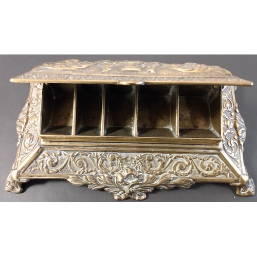 5 - Brass. A large and heavy brass desk stamp box, lifting lid revealing five stamp compartments, ornate... 