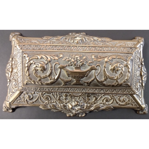 5 - Brass. A large and heavy brass desk stamp box, lifting lid revealing five stamp compartments, ornate... 