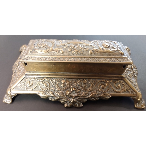 5 - Brass. A large and heavy brass desk stamp box, lifting lid revealing five stamp compartments, ornate... 