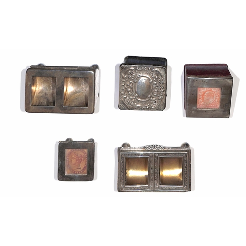 2 - Silver / Leather. 1899-1905 Silver or leather stamp boxes all with silver lids with glass covered sq... 