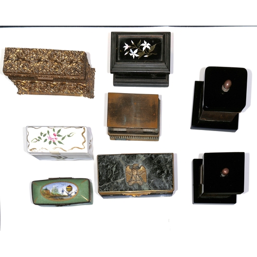 7 - Stamp boxes made from Agate inlaid into wood, marble (faults), bone, ivory, mother of pearl (2, one ... 