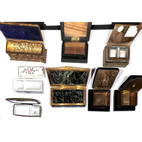 7 - Stamp boxes made from Agate inlaid into wood, marble (faults), bone, ivory, mother of pearl (2, one ... 