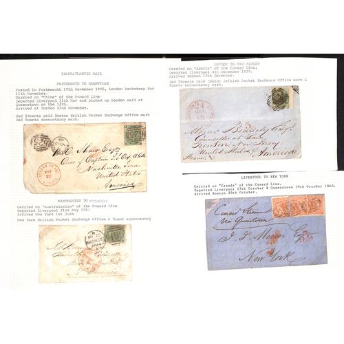 558 - 1855-67 Packet letters to the USA all franked at the 1/- rate, bearing embossed 1/- (cut square, tou... 