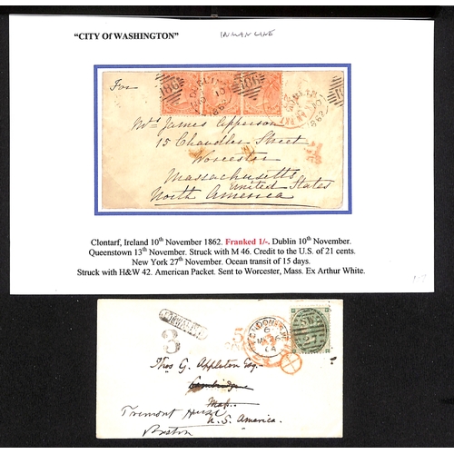 558 - 1855-67 Packet letters to the USA all franked at the 1/- rate, bearing embossed 1/- (cut square, tou... 