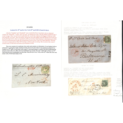 558 - 1855-67 Packet letters to the USA all franked at the 1/- rate, bearing embossed 1/- (cut square, tou... 