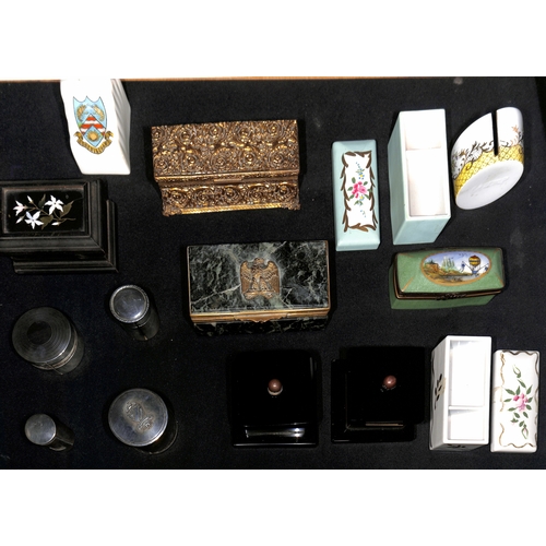 8 - Stamp Boxes. Various stamp boxes (32), stamp coil dispensers (5), blotters (2) and a paper knife, in... 