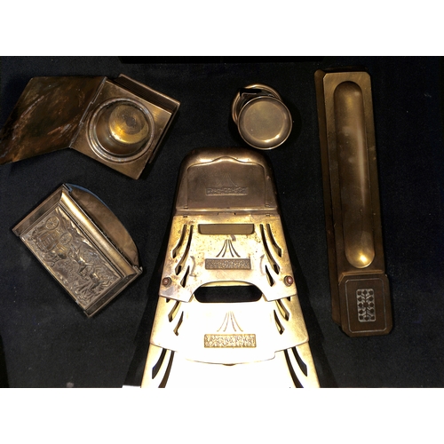 8 - Stamp Boxes. Various stamp boxes (32), stamp coil dispensers (5), blotters (2) and a paper knife, in... 