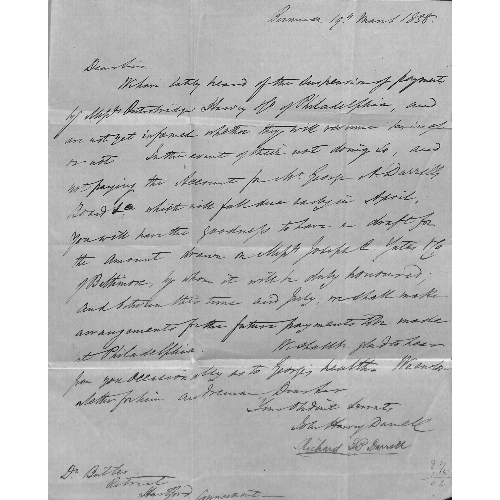 25 - Hamilton. 1858 (Mar 27) Entire letter from John and Richard Darrell, to Hartford, Connecticut, prepa... 