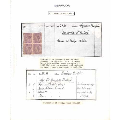 44 - Ink recipes for the 1d and 2d stamps cut from the De La Rue ink recipe book, both bearing blocks of ... 