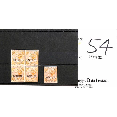 54 - 3d Orange, imperforate plate proof block of four and a single on thick surfaced paper, no watermark,... 