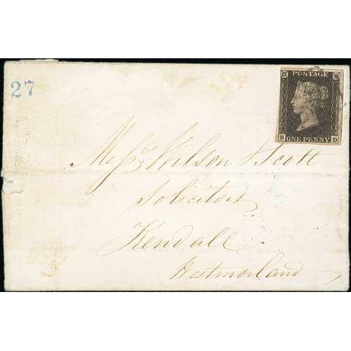 15 - 1841 (Apr 1) Entire letter from Barnard Castle to Kendal bearing a 1d black, BD plate 11, three larg... 