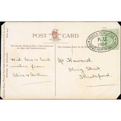 169 - Knutsford. 1904 Picture postcard posted within Knutsford, a KEVII ½d tied by the oval Advance P... 