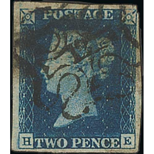 17 - 1840 2d Deep blue plate 2, HE with four margins, 2½mm scissor cut into upper right corner squar... 